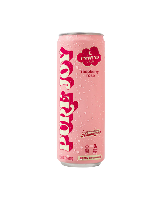 A can of Pure Joy UNWIND beverage with Raspberry Rose flavor.