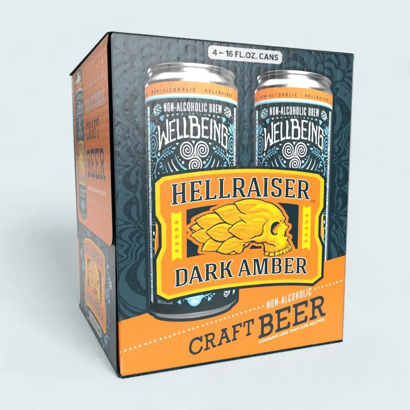 Can with black and orange hellraiser dark amber craft beer