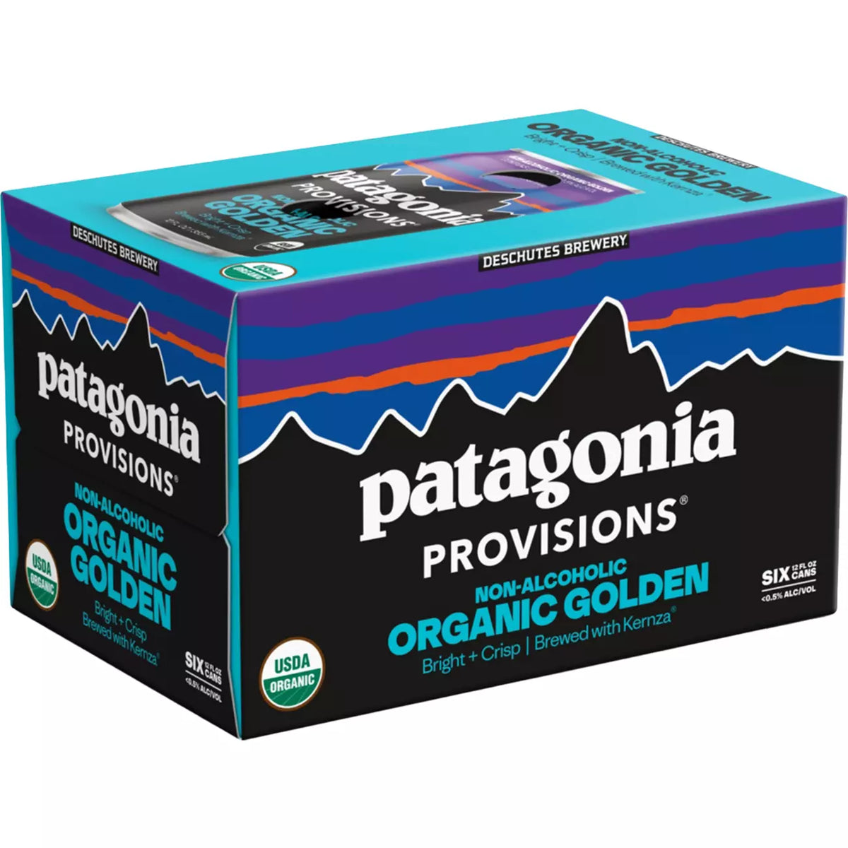 A 6-pack box of Patagonia Provisions Non-Alcoholic Organic Golden beer, featuring a colorful mountain design with turquoise, purple, orange, and black colors.