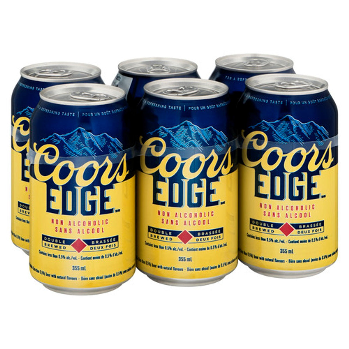 Six Coors Edge non-alcoholic draft beer cans arranged in two rows on a white background. The cans feature a dark blue upper section with a mountain graphic and bold yellow Coors Edge lettering on the front.