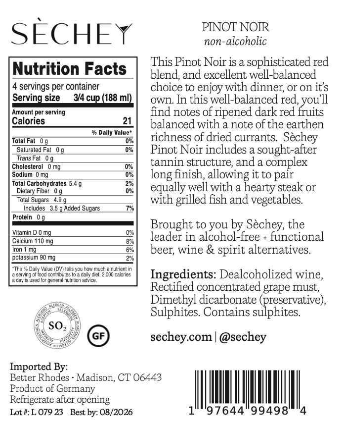 Sechey Non-Alcoholic Pinot Noir Alcohol-Removed Red Wine  0.5% ABV | 750ml Bottle