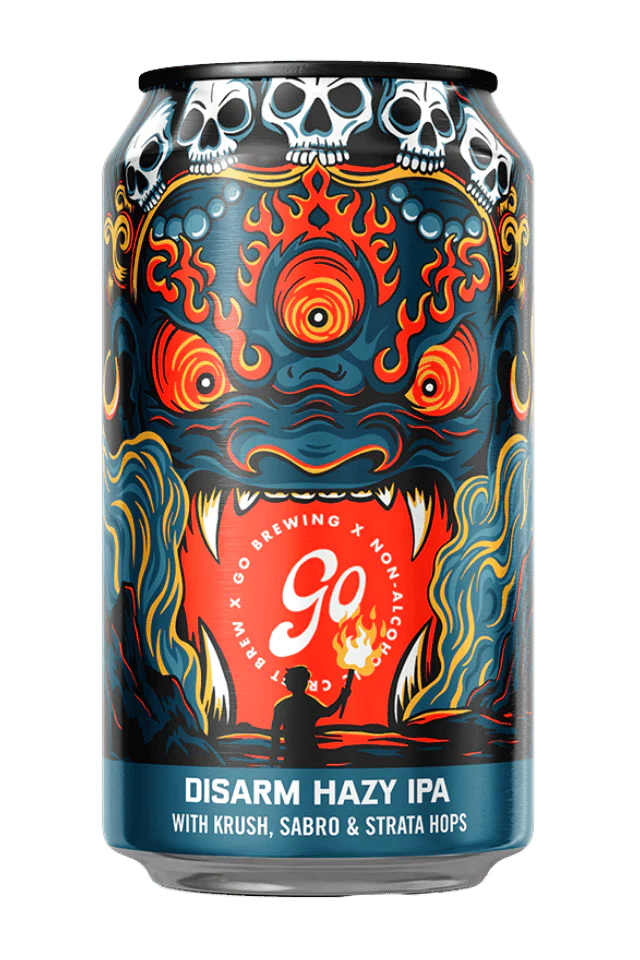Can of Disarm Hazy IPA with vibrant design on a white background