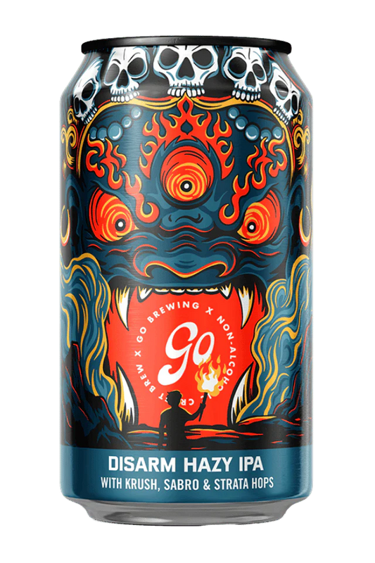 Can of Disarm Hazy IPA with vibrant design on a white background