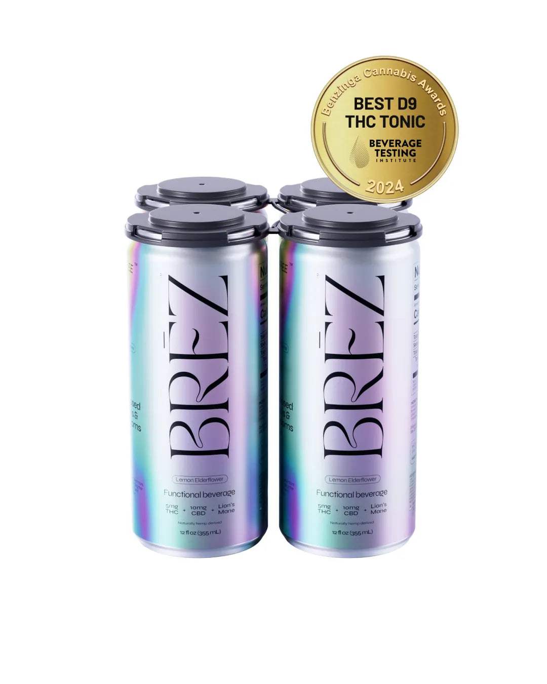 Four cans of BRÉZ cannabis and mushrooms social tonic, with a metallic purple and silver design. There is a badge on the image stating 'Best DB THC Tonic 2019'.