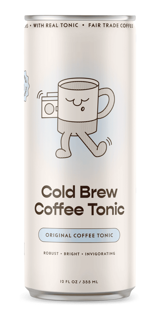 Can of Cold Brew Coffee Tonic with a cartoon cup design on a green background
