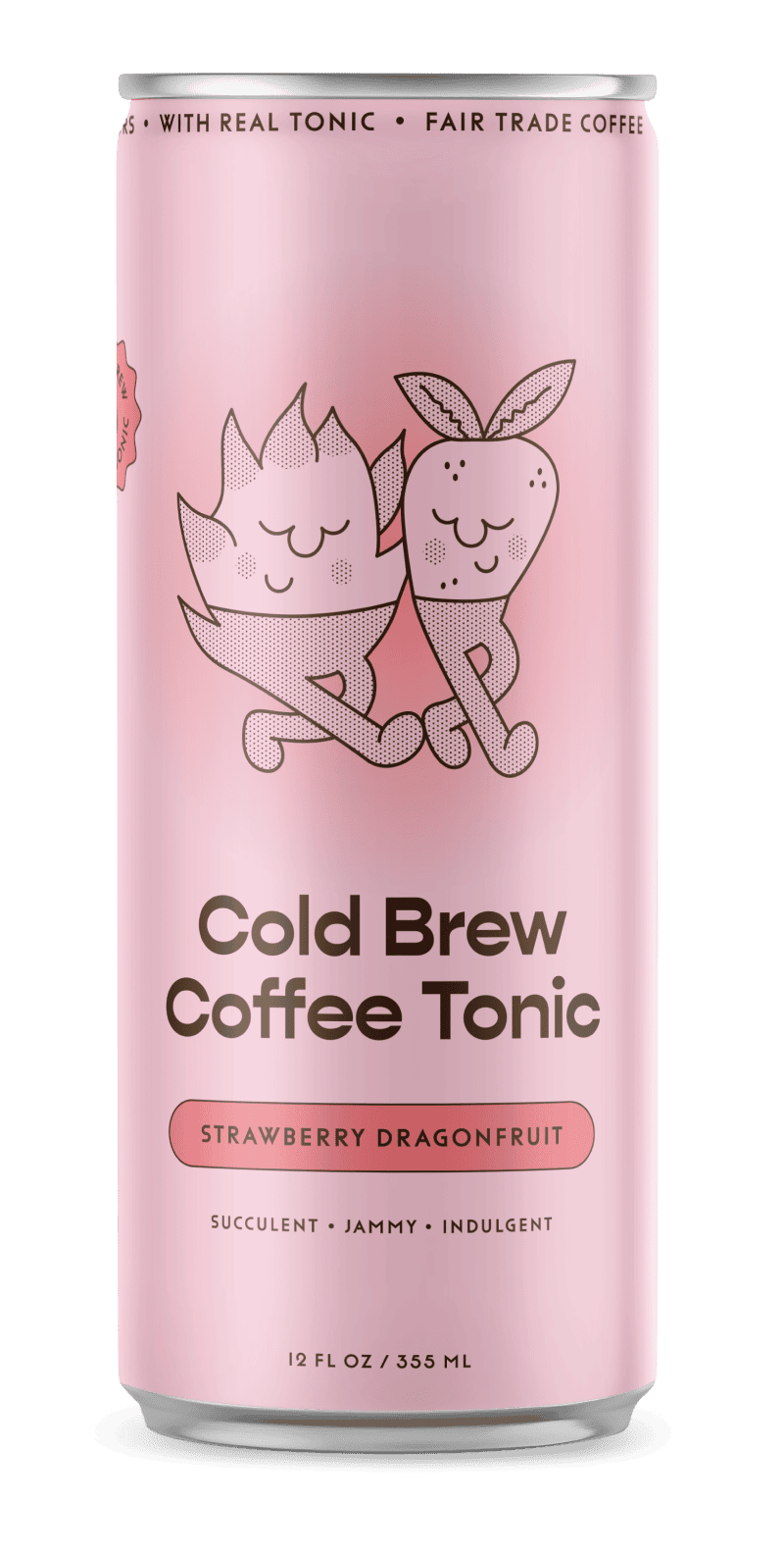 Pink can of Cold Brew Coffee Tonic with strawberry dragonfruit flavor on a green background