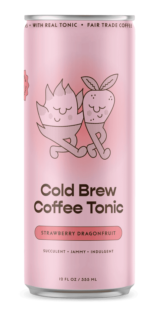 Pink can of Cold Brew Coffee Tonic with strawberry dragonfruit flavor on a green background