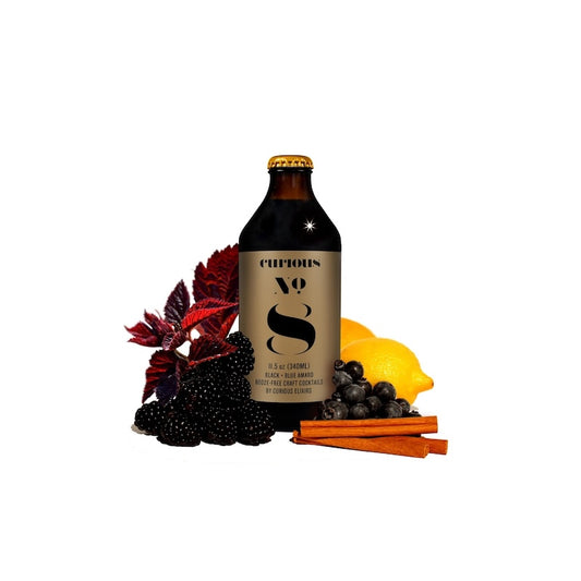A product image featuring a bottle labeled 'Curious Elixir No. 8' surrounded by ingredients such as blackberries, a lemon, and cinnamon sticks.