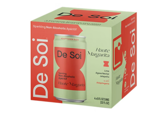 A 4-pack of De Soi Haute Margarita sparkling aperitif in cans, with the product name and the number of calories indicated on the packaging.