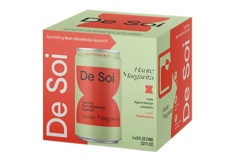 A 4-pack of De Soi Haute Margarita sparkling aperitif in cans, with the product name and the number of calories indicated on the packaging.