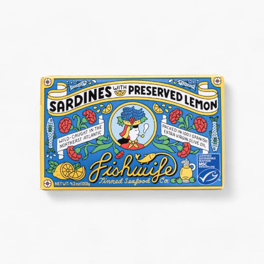 A packaged product labeled 'Fishwife Sardines with Preserved Lemon' featuring illustrated sardines, lemon, and other sea creatures in a decorative style.