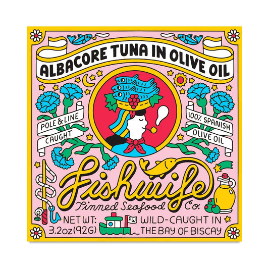 Colorful label for Fishwife tuna in olive oil with decorative elements and text.