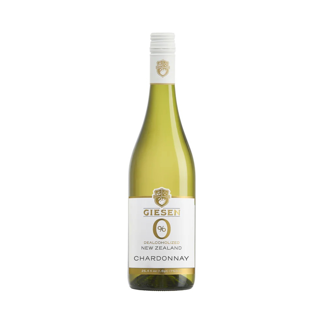 Light green bottle with a white label,  gold writing Giesen new zeland flat chardonnay