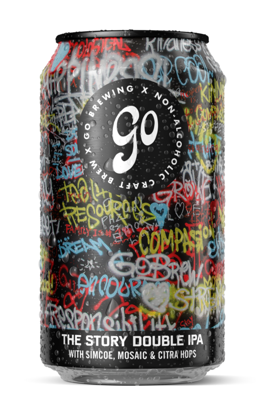 A can of Go Brewing The Story Double IPA with a colorful, graffiti-style design.