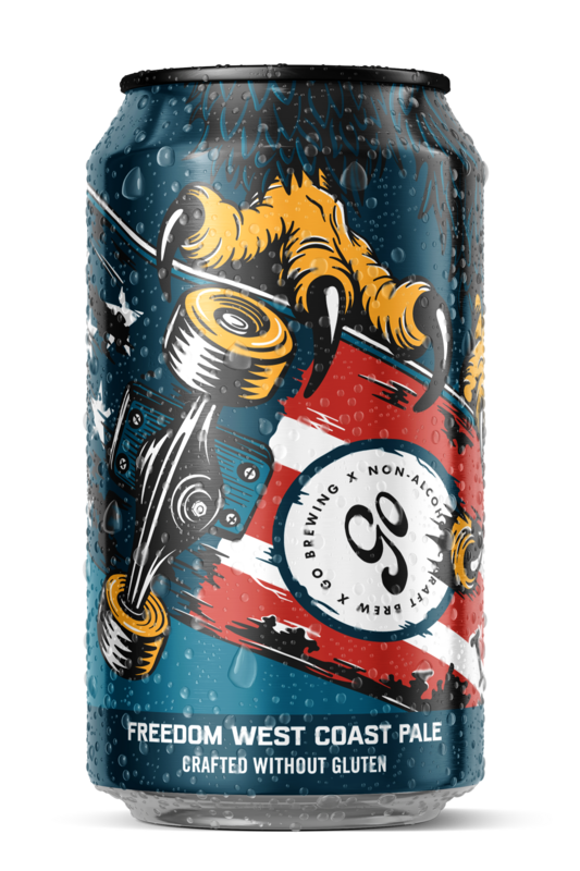 A can of Go Brewing Gluten Free West Coast Pale with a nautical-themed design, featuring a steering wheel and sea creatures.