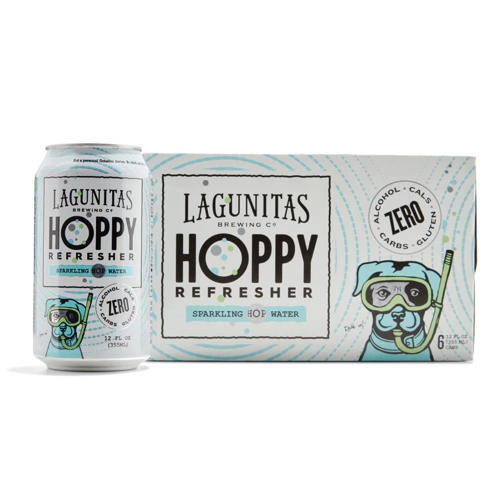 Lagunitas Brewing Co. Hoppy Refresher sparkling hop water can and six-pack on a white background