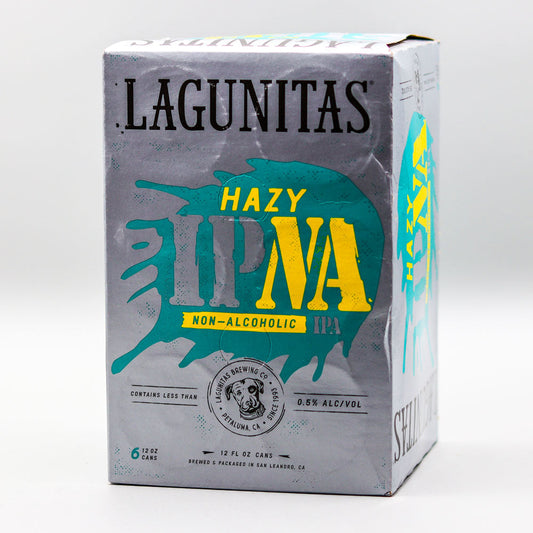 Lagunitas Hazy IPA non-alcoholic beer box on a white background