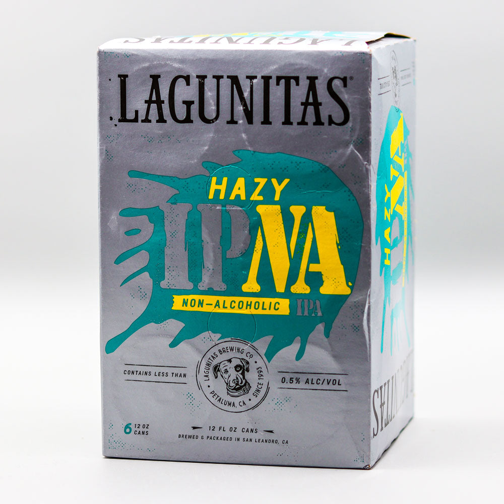 Lagunitas Hazy IPA non-alcoholic beer box on a white background