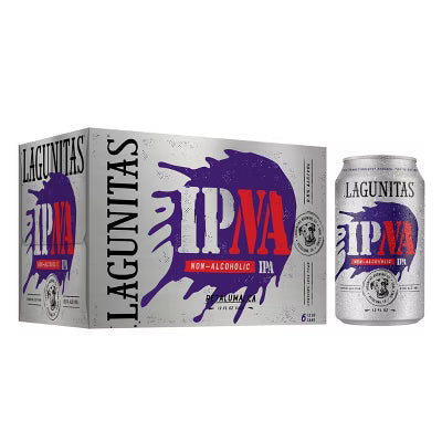 Lagunitas IPA non-alcoholic beer packaging and can on a white background
