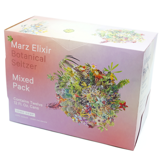 A 12-pack box of Marz Elixir Botanical Seltzer, featuring an illustration of various botanicals and flowers on the packaging.