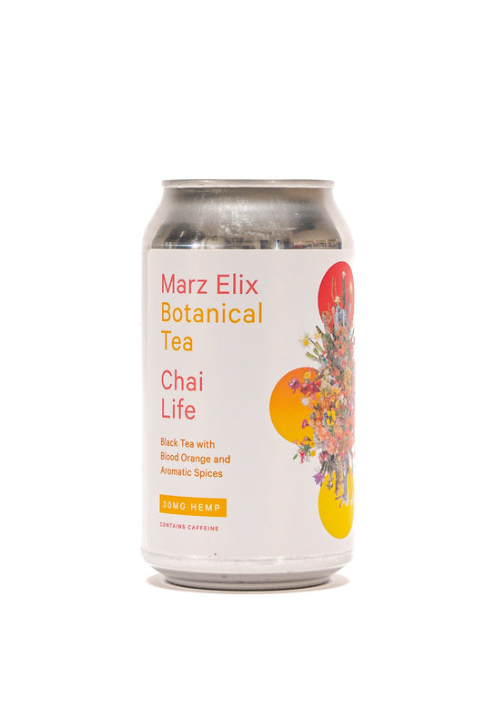 A can of Marz Elix Botanical Tea Chai Life with decorative illustrations of tea leaves and spices.