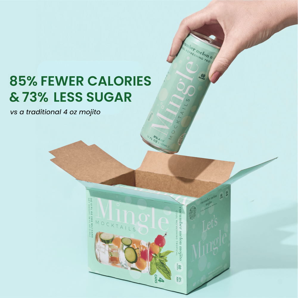 A person holding a can of Mingle Cucumber Melon Mojito alcohol-free drink above a box with the same design. The image highlights the product's low calories and less sugar compared to a traditional mojito.