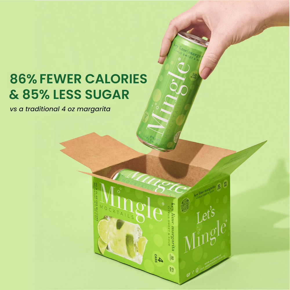 A person holding a can of Mingle Key Lime Margarita over a green background, with the product's packaging visible in the image.