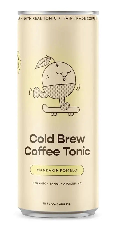 A 10 fl oz can of Cold Brew Coffee Tonic in Mandarin Pomelo flavor, featuring a light cream-colored label with a cute cartoon pomelo character on a skateboard.