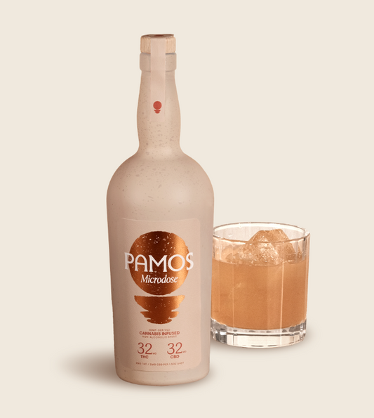 A bottle of Pamos Microdose Spirit with a glass of the spirit over ice cubes, showcasing the color and serving suggestion.