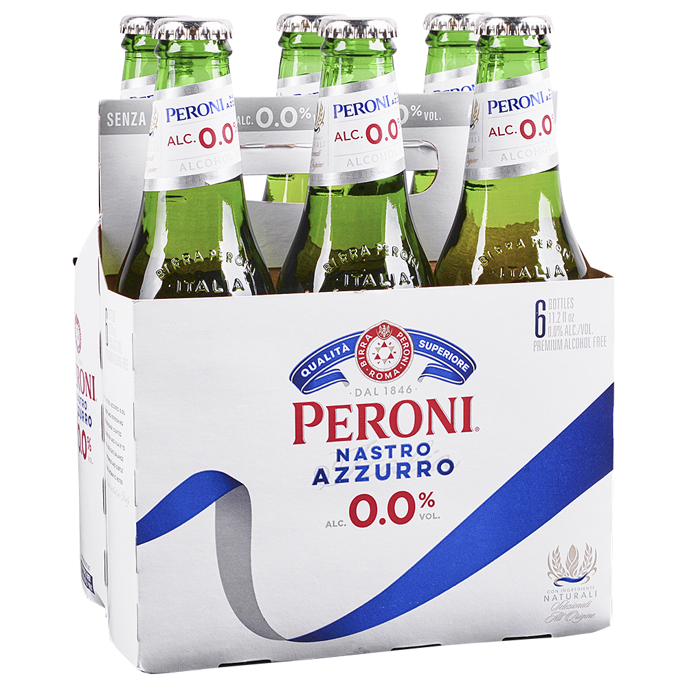 Pack of Peroni Nastro Azzurro beer bottles with a white background