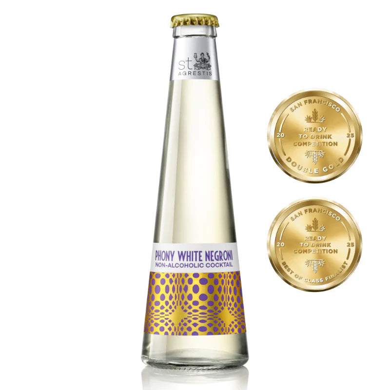 Bottle of Phony White Negroni non-alcoholic cocktail with gold labels on a white background