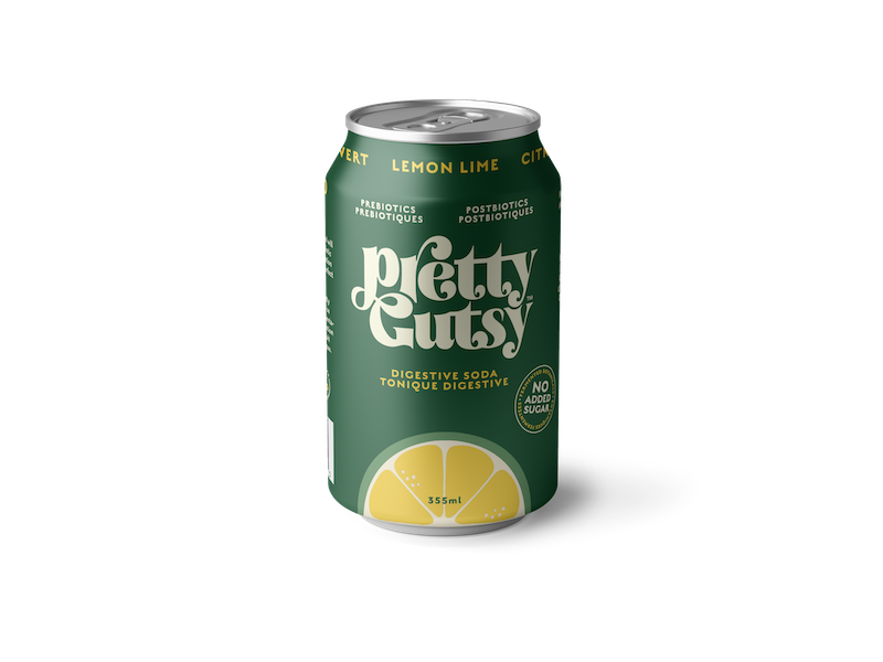 A can of Pretty Gutsy Digestive Soda with Lemon Lime flavor, indicating it’s a 4-pack.