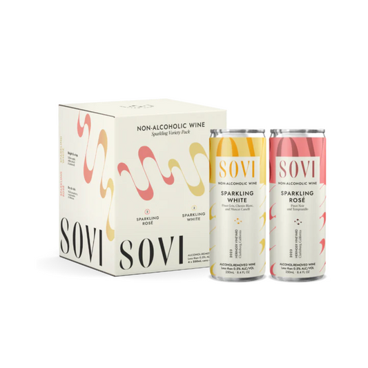 A product image featuring a box labeled 'Sovi' with two cans of sparkling wine, one labeled 'Sparkling Rosé' and another 'Sparkling White'. The box and cans have colorful wave patterns and text indicating the product is non-alcoholic.