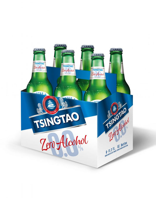 Pack of Tsingtao Zero Alcohol beer bottles on a white background