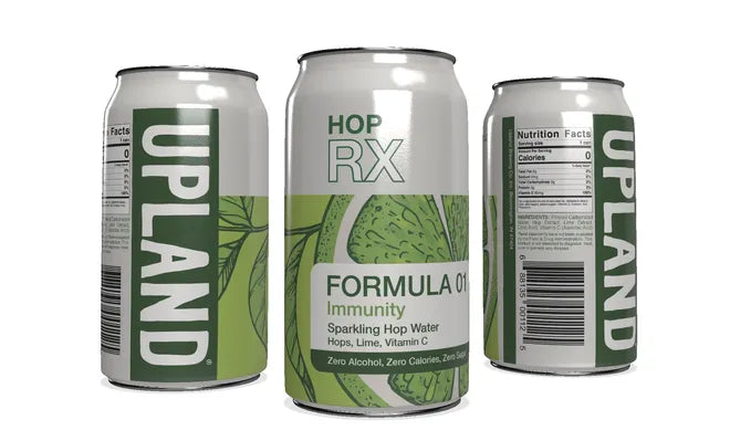 Three cans of Upland Hop Rx Formula 01 sparkling hop water on a white background