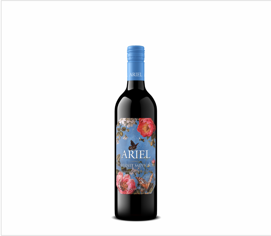 A bottle of Ariel Cabernet Sauvignon dealcoholized wine with a label showing a blue and red floral design.