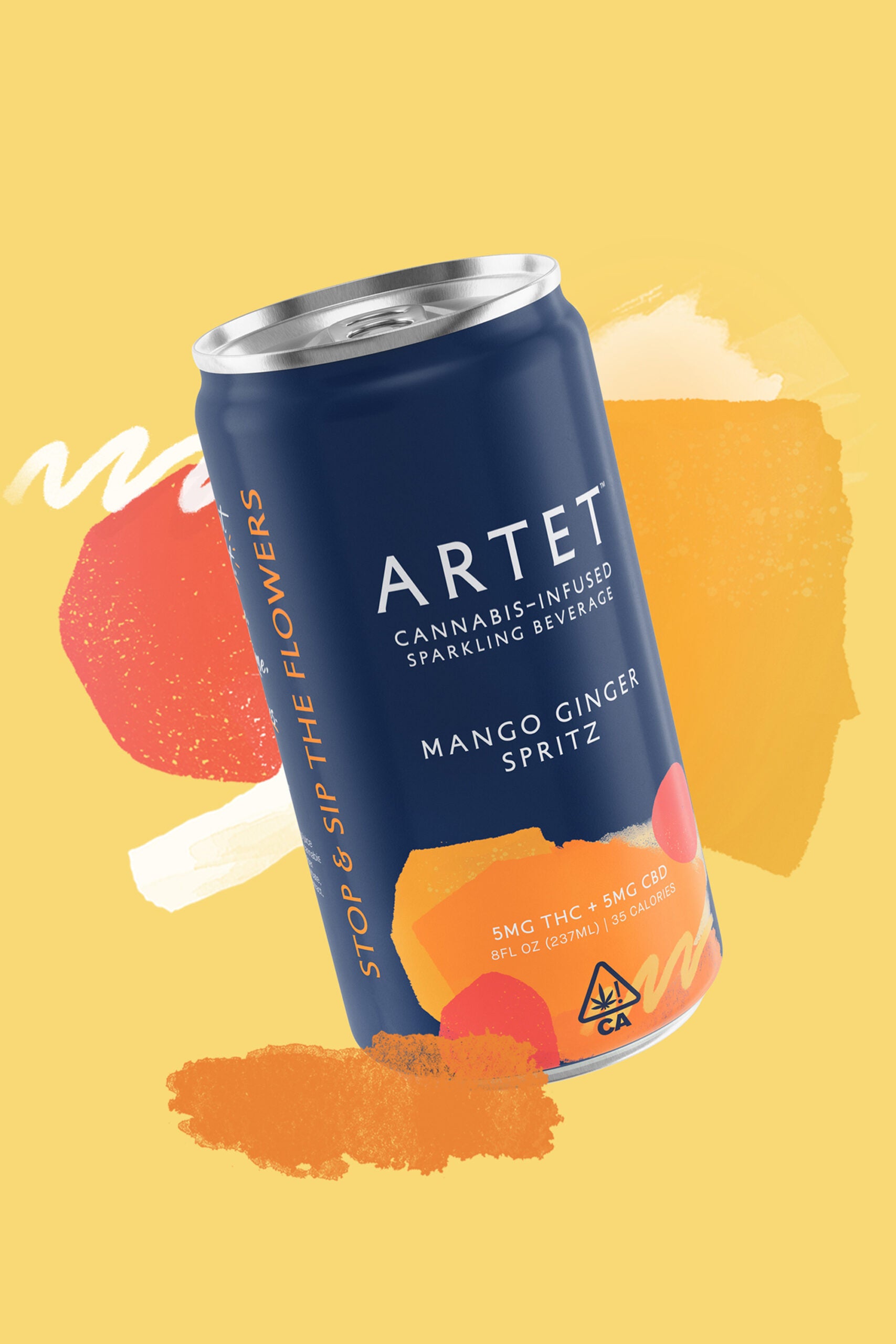 Artet cannabis-infused beverage can on a yellow background with colorful graphics