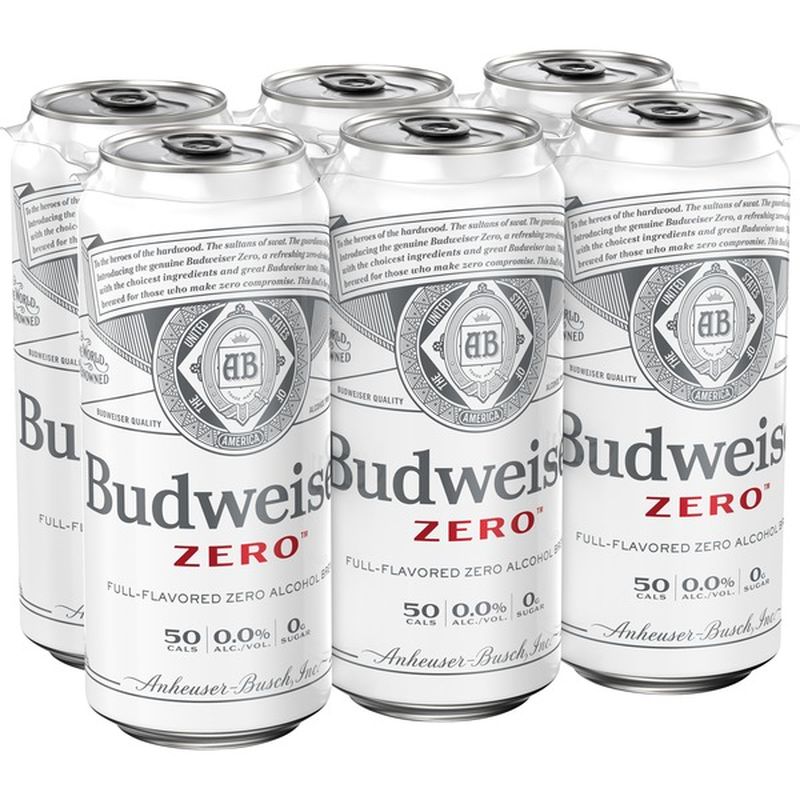 Six cans of Budweiser Zero on a white background