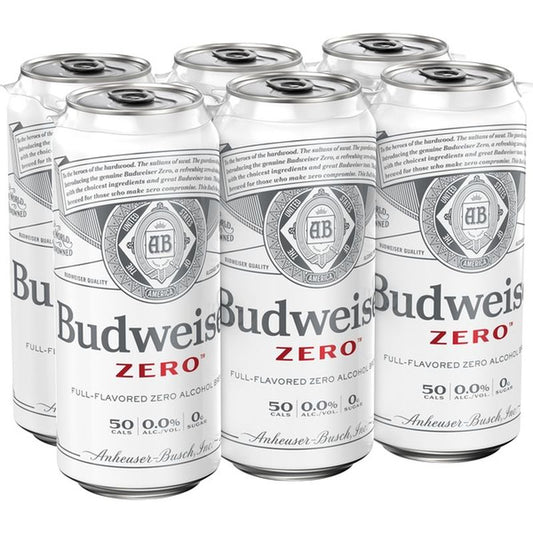 Six cans of Budweiser Zero on a white background