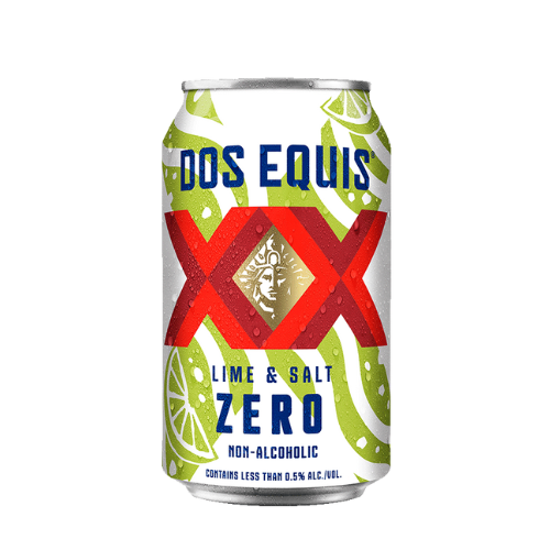 A can of Dos Equis XX Lime & Salt Zero, indicating it is a non-alcoholic beverage with lime and salt flavors.