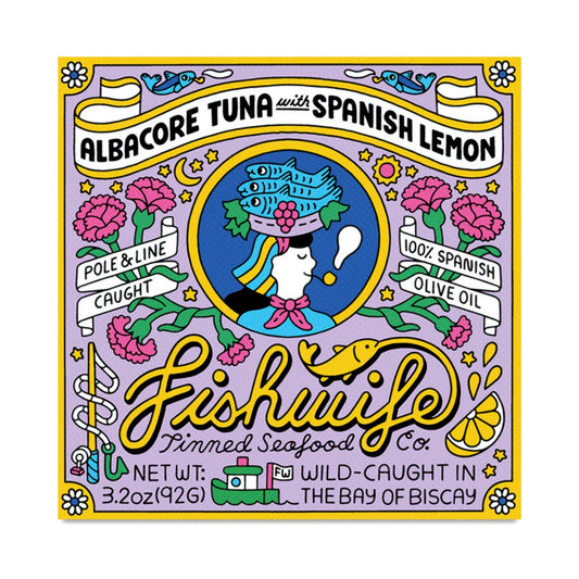 Colorful label for Fishwife tuna with Spanish lemon on a white background