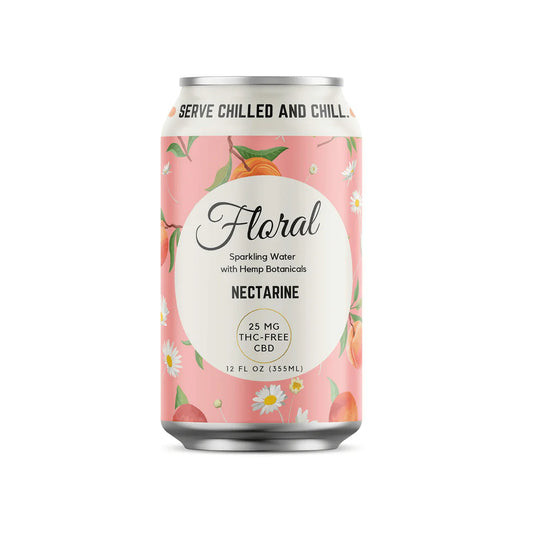 Can of Floral Nectarine sparkling water with hemp botanicals on a white background