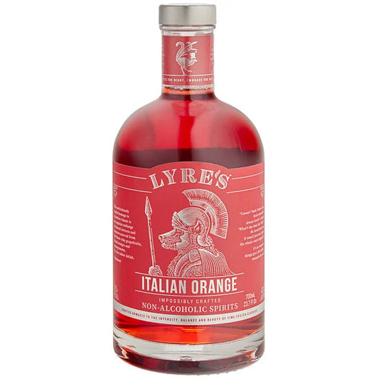 Bottle of Lyre's Italian Orange non-alcoholic spirits on a white background