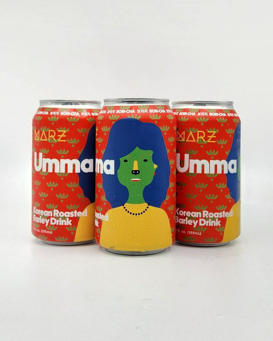 Three cans of Umma Korean Roasted Barley Drink with colorful design on a white background