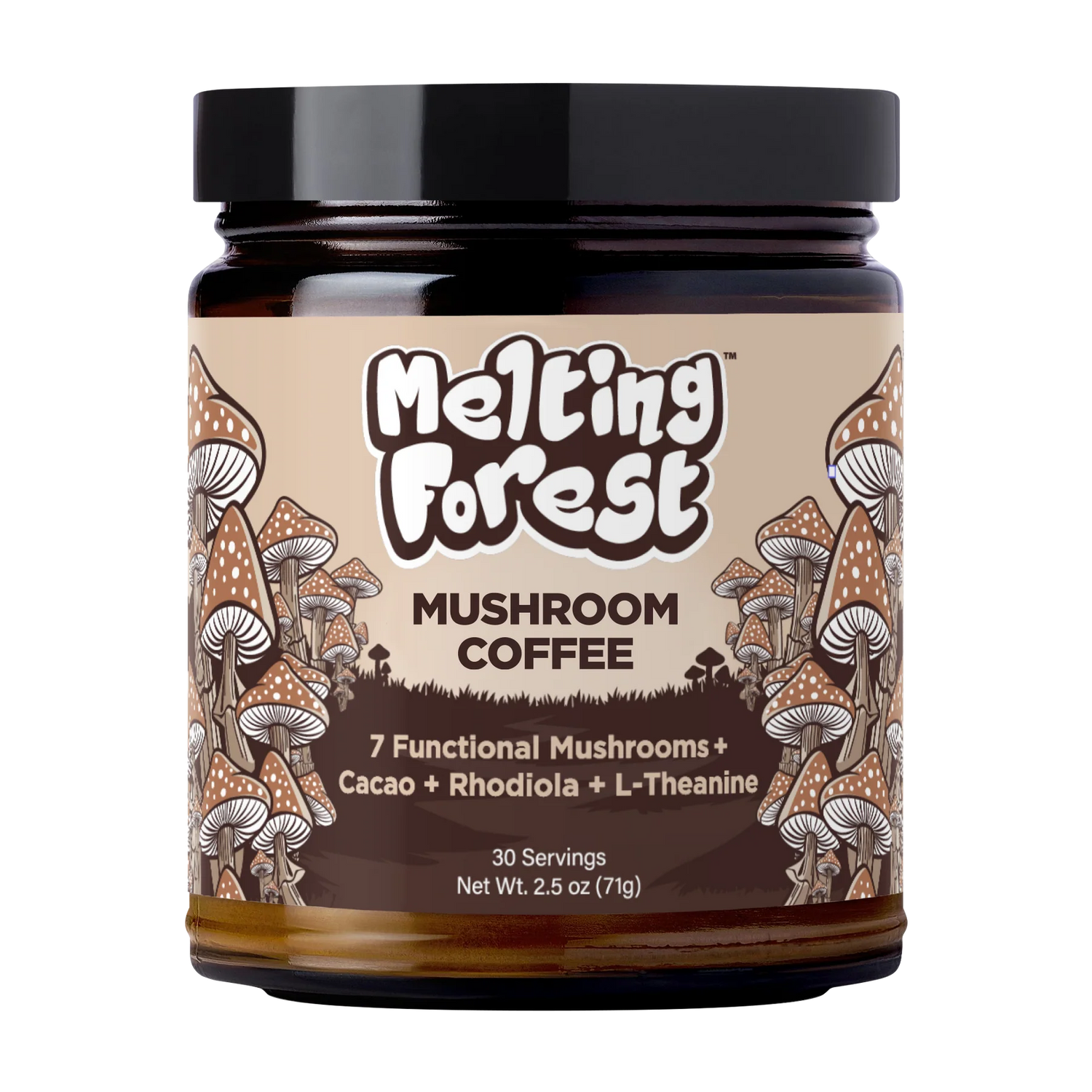 Jar of Melting Forest Mushroom Coffee with mushroom illustrations on a beige background