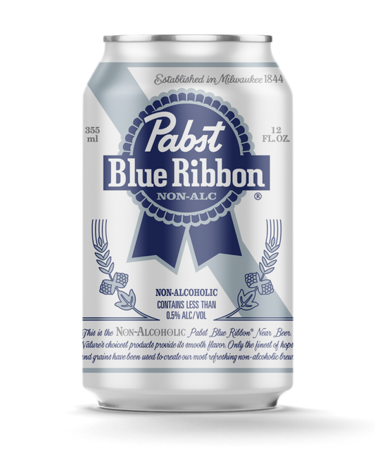 Pabst Blue Ribbon non-alcoholic beer can on a white background