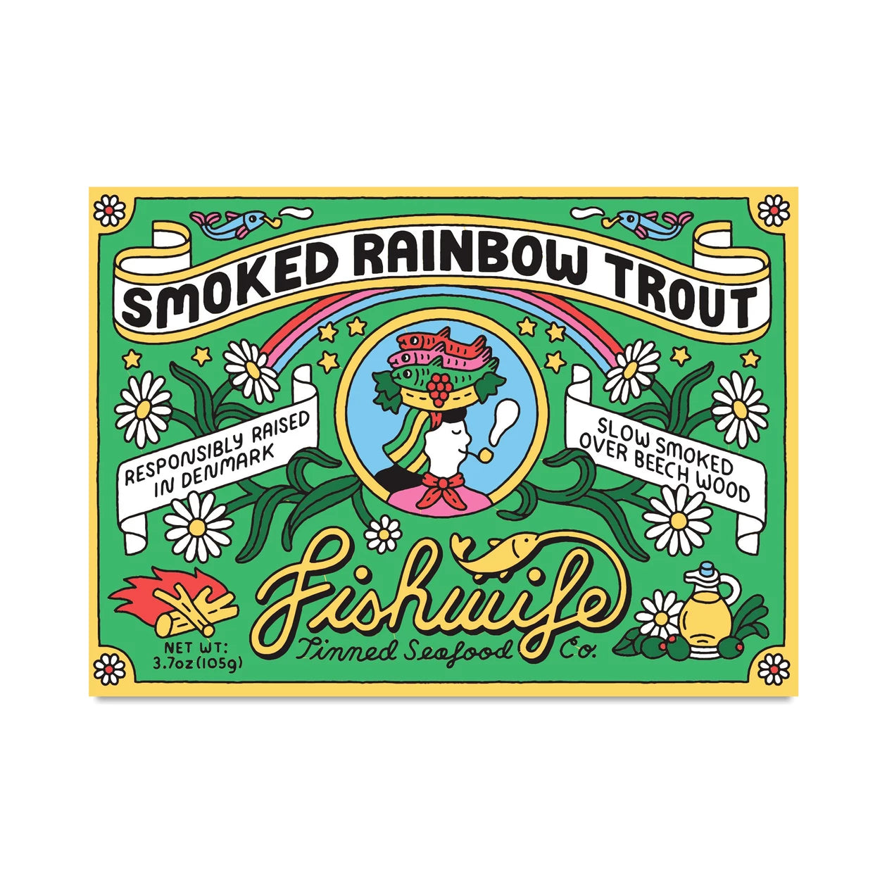 Colorful label for Fishwife Smoked Rainbow Trout on a white background